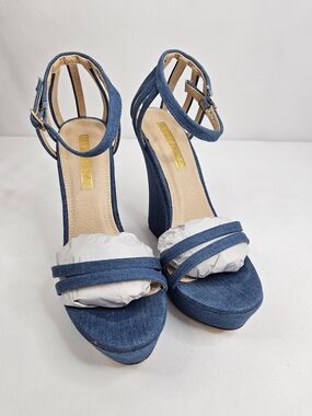 Liliana Blue Denim Platform Wedge Sandals with Ankle Strap